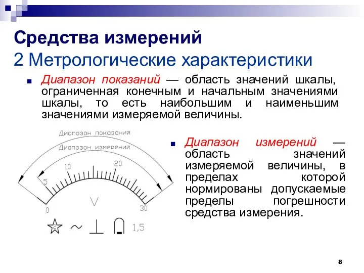 Средства измерений 2 Метрологические характеристики Диапазон показаний — область значений шкалы, ограниченная