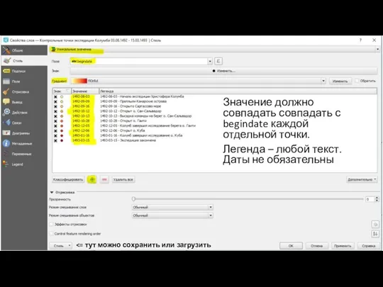 Значение должно совпадать совпадать с begindate каждой отдельной точки. Легенда – любой текст. Даты не обязательны