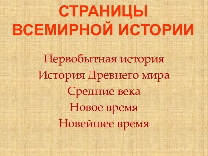 СТРАНИЦЫ ВСЕМИРНОЙ ИСТОРИИ Первобытная история История Древнего мира Средние века Новое время Новейшее время