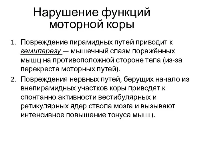 Нарушение функций моторной коры Повреждение пирамидных путей приводит к гемипарезу — мышечный