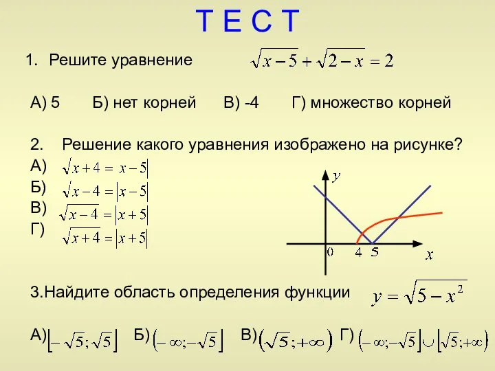 Т Е С Т Решите уравнение А) 5 Б) нет корней В)