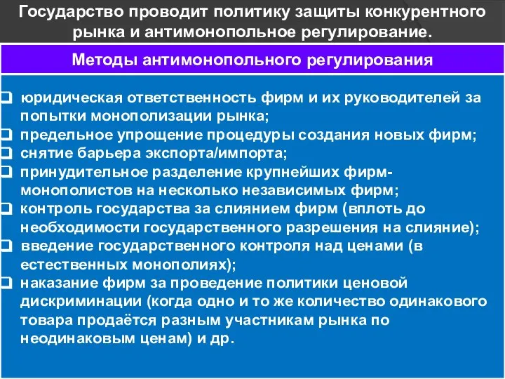 Государство проводит политику защиты конкурентного рынка и антимонопольное регулирование. Методы антимонопольного регулирования