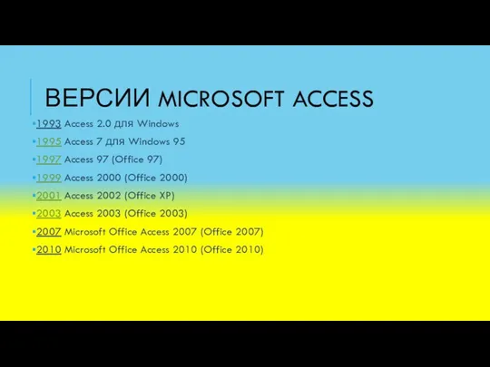 ВЕРСИИ MICROSOFT ACCESS 1993 Access 2.0 для Windows 1995 Access 7 для
