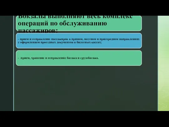 Вокзалы выполняют весь комплекс операций по обслуживанию пассажиров: - прием и отправление