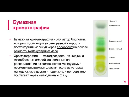 Бумажная хроматография Бумажная хроматография - это метод биологии, который происходит за счёт