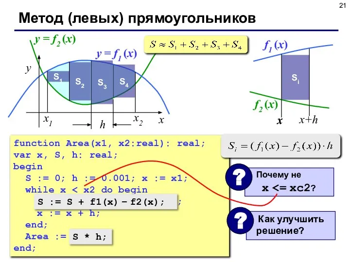 function Area(x1, x2:real): real; var x, S, h: real; begin S :=