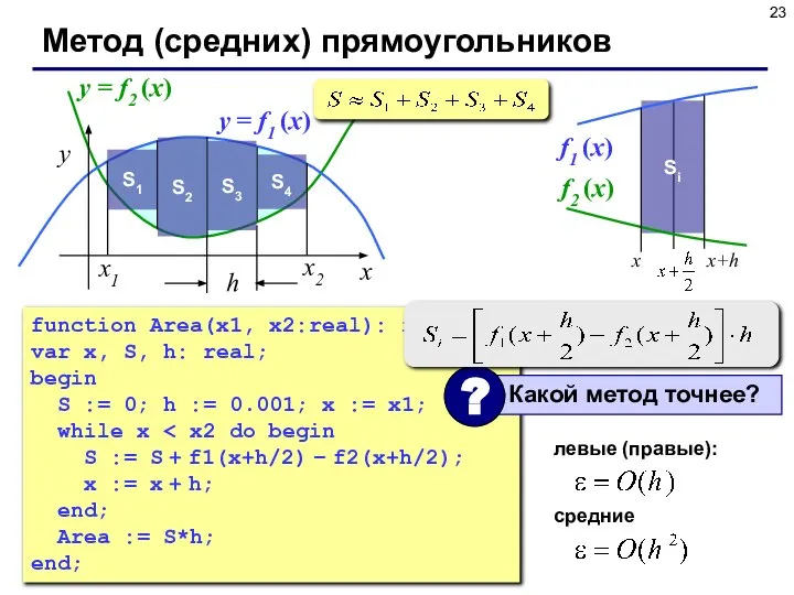 function Area(x1, x2:real): real; var x, S, h: real; begin S :=