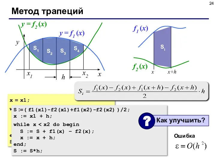 x = x1; while x S:= S + f1(x) – f2(x) +