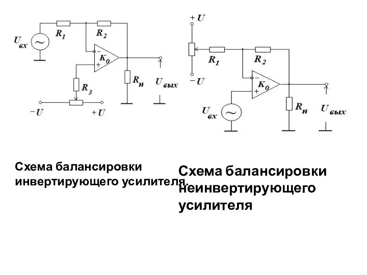 Схема балансировки инвертирующего усилителя. Схема балансировки неинвертирующего усилителя