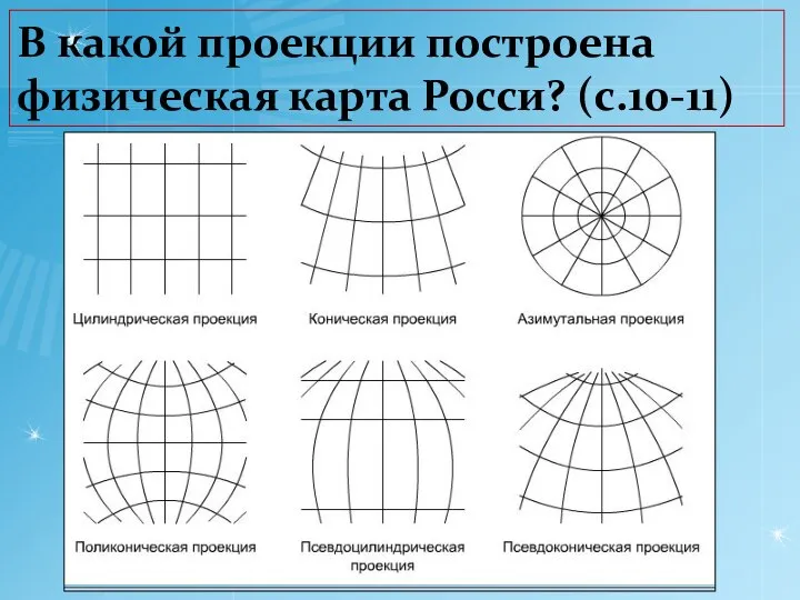 В какой проекции построена физическая карта Росси? (с.10-11)