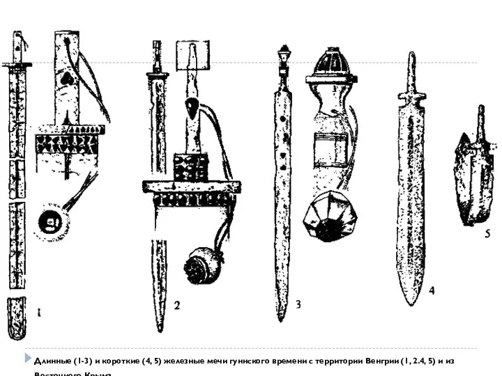 Длинные (1-3) и короткие (4, 5) железные мечи гуннского времени с территории