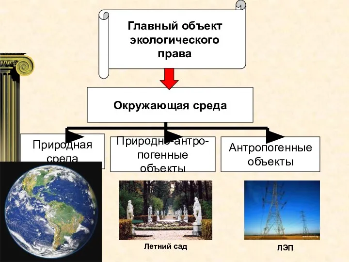 Главный объект экологического права Окружающая среда Природная среда Природно-антро- погенные объекты Антропогенные объекты Летний сад ЛЭП