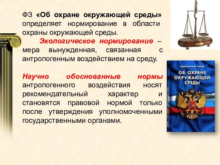 ФЗ «Об охране окружающей среды» определяет нормирование в области охраны окружающей среды.