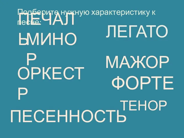 МИНОР ПЕЧАЛЬ ЛЕГАТО МАЖОР ОРКЕСТР ПЕСЕННОСТЬ ФОРТЕ ТЕНОР Подберите нужную характеристику к песне: