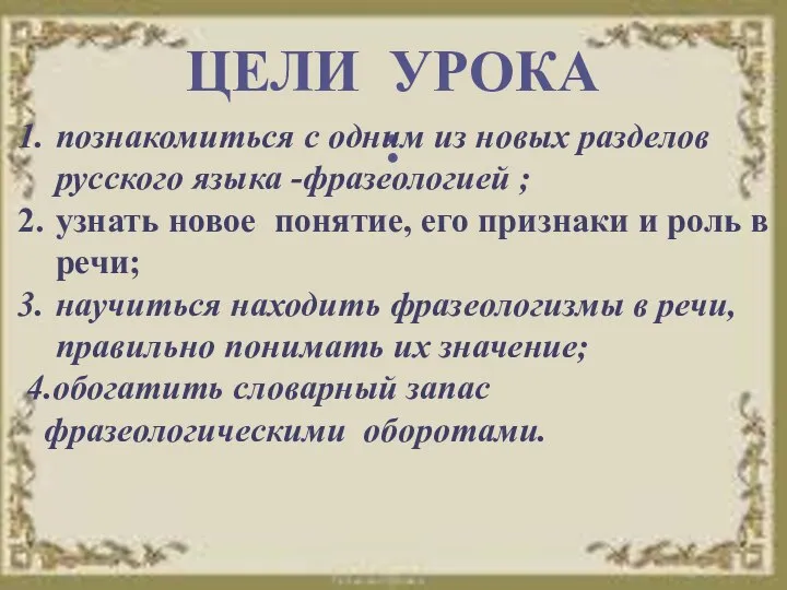 ЦЕЛИ УРОКА : познакомиться с одним из новых разделов русского языка -фразеологией