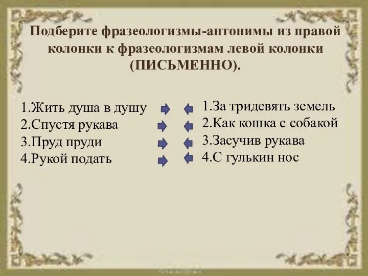 1.Жить душа в душу 2.Спустя рукава 3.Пруд пруди 4.Рукой подать Подберите фразеологизмы-антонимы