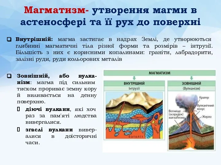 Магматизм- утворення магми в астеносфері та її рух до поверхні Зовнішній, або