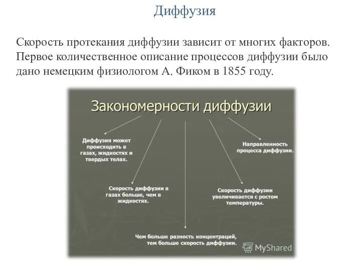 Диффузия Скорость протекания диффузии зависит от многих факторов. Первое количественное описание процессов