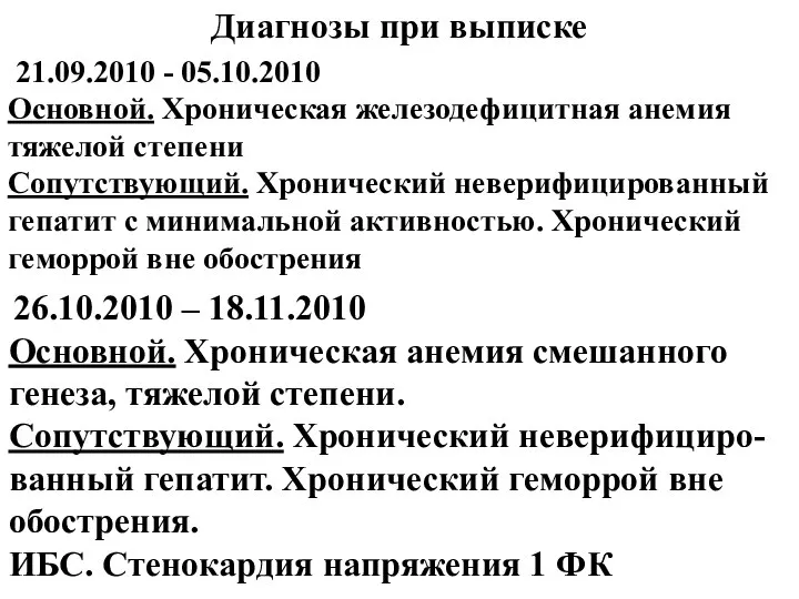 26.10.2010 – 18.11.2010 Основной. Хроническая анемия смешанного генеза, тяжелой степени. Сопутствующий. Хронический