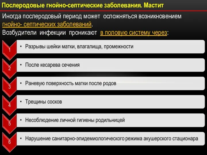 Послеродовые гнойно-септические заболевания. Мастит Иногда послеродовый период может осложняться возникновением гнойно- септических