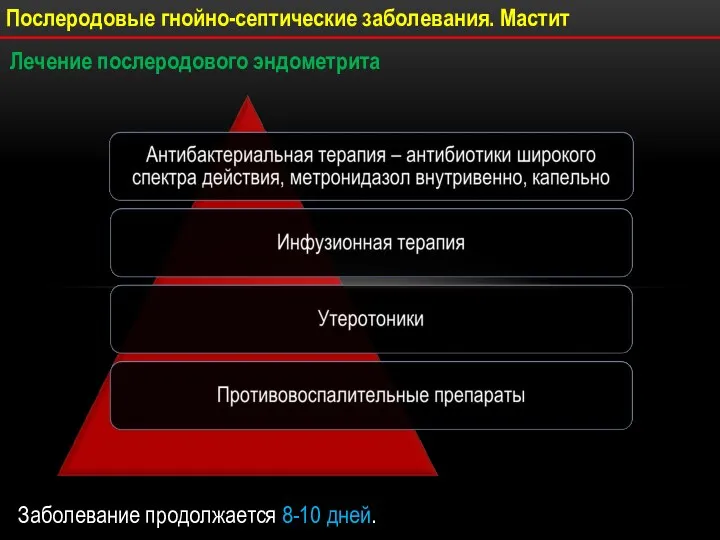 Послеродовые гнойно-септические заболевания. Мастит Лечение послеродового эндометрита Заболевание продолжается 8-10 дней.