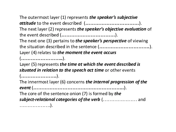 The outermost layer (1) represents the speaker’s subjective attitude to the event