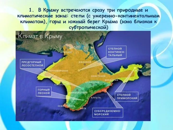 1. В Крыму встречаются сразу три природные и климатические зоны: степи (с