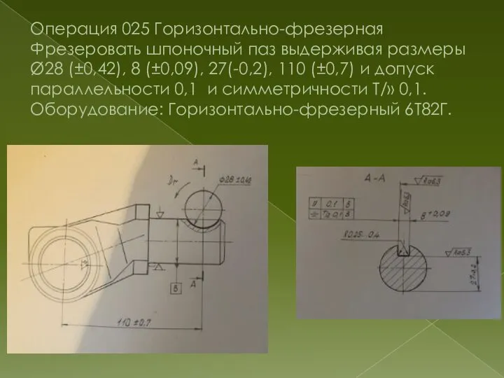 Операция 025 Горизонтально-фрезерная Фрезеровать шпоночный паз выдерживая размеры Ø28 (±0,42), 8 (±0,09),