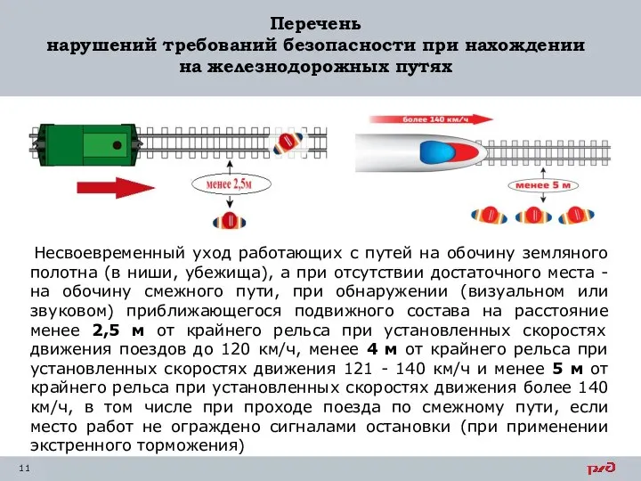 Перечень нарушений требований безопасности при нахождении на железнодорожных путях Несвоевременный уход работающих