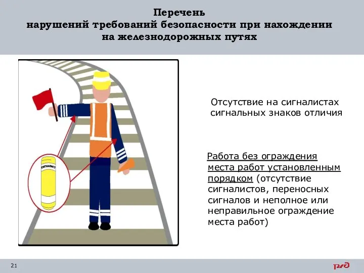 Перечень нарушений требований безопасности при нахождении на железнодорожных путях Отсутствие на сигналистах