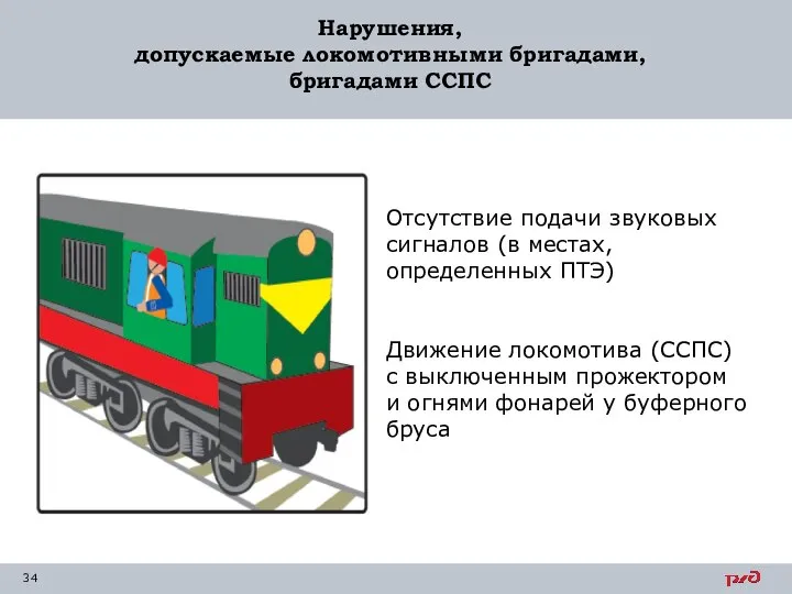 Нарушения, допускаемые локомотивными бригадами, бригадами ССПС Отсутствие подачи звуковых сигналов (в местах,