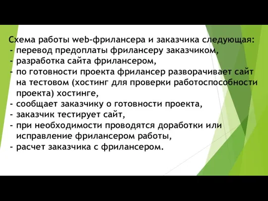 Схема работы web-фрилансера и заказчика следующая: перевод предоплаты фрилансеру заказчиком, разработка сайта