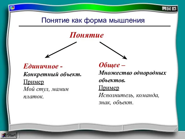 Понятие как форма мышления Понятие Единичное - Конкретный объект. Пример Мой стул,