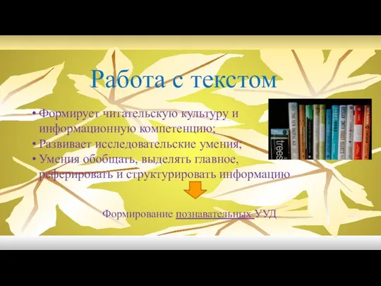 Работа с текстом Формирует читательскую культуру и информационную компетенцию; Развивает исследовательские умения;