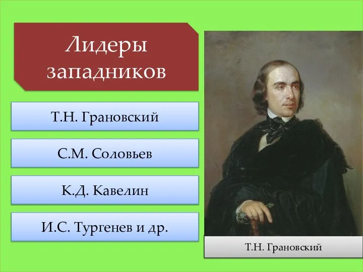 Лидеры западников Т.Н. Грановский С.М. Соловьев К.Д. Кавелин И.С. Тургенев и др. Т.Н. Грановский