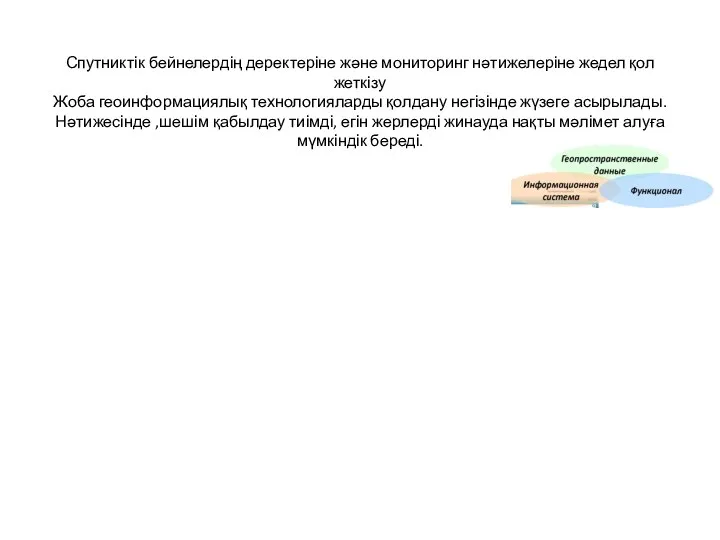 Спутниктік бейнелердің деректеріне және мониторинг нәтижелеріне жедел қол жеткізу Жоба геоинформациялық технологияларды