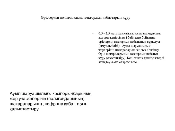 Өрістердің полигональды векторлық қабаттарын құру 0,5 - 2,5 метр кеңістіктік ажыратымдылығы жоғары