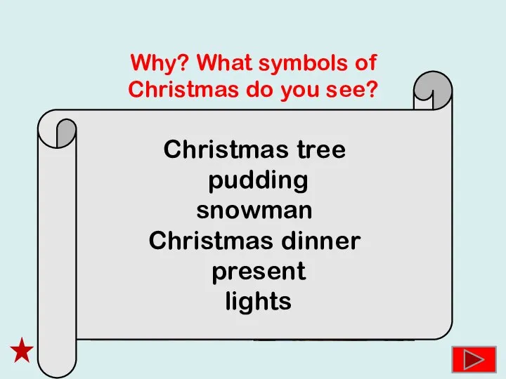 Why? What symbols of Christmas do you see? Christmas tree pudding snowman Christmas dinner present lights