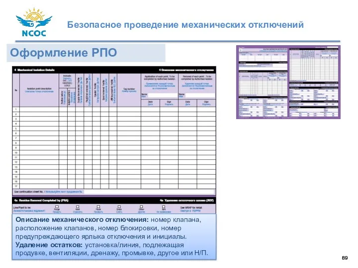 Оформление РПО Описание механического отключения: номер клапана, расположение клапанов, номер блокировки, номер