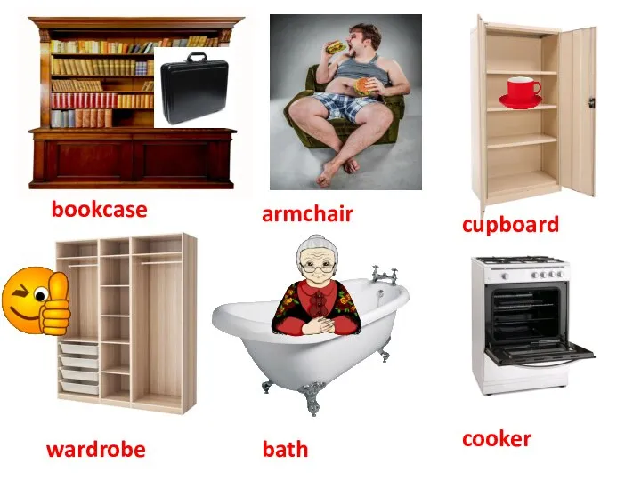 bookcase armchair cupboard wardrobe bath cooker