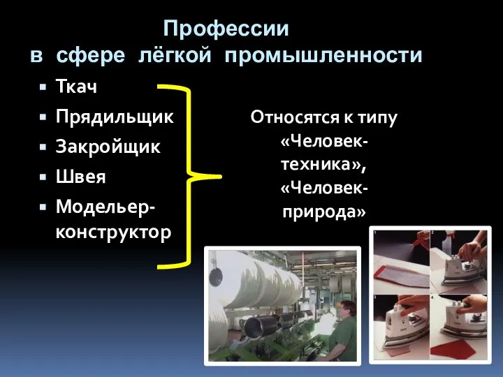 Профессии в сфере лёгкой промышленности Ткач Прядильщик Закройщик Швея Модельер-конструктор Относятся к типу «Человек-техника», «Человек-природа»