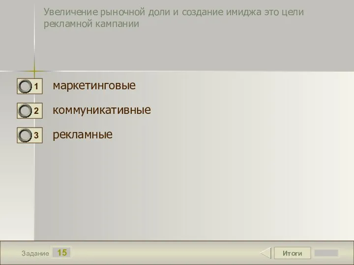 Итоги 15 Задание Увеличение рыночной доли и создание имиджа это цели рекламной кампании маркетинговые коммуникативные рекламные