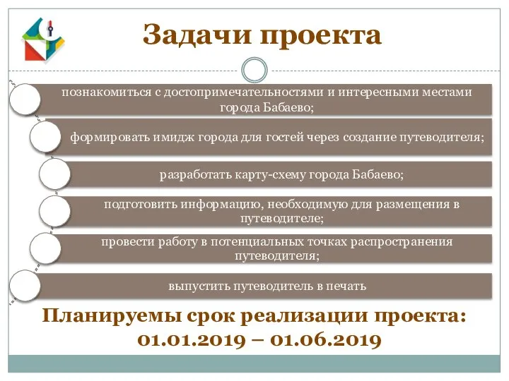 Задачи проекта Планируемы срок реализации проекта: 01.01.2019 – 01.06.2019