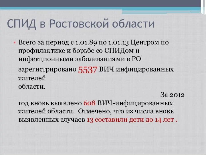 СПИД в Ростовской области Всего за период с 1.01.89 по 1.01.13 Центром