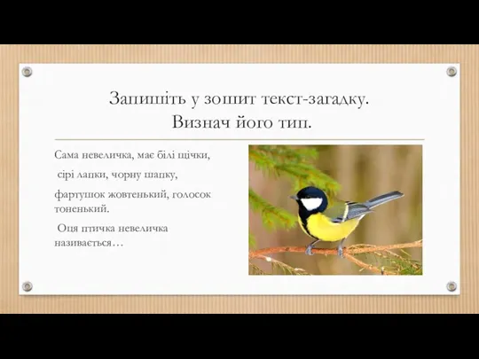 Запишіть у зошит текст-загадку. Визнач його тип. Сама невеличка, має білі щічки,