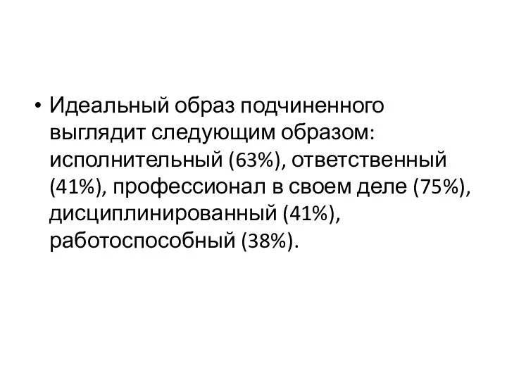 Идеальный образ подчиненного выглядит следующим образом: исполнительный (63%), ответственный (41%), профессионал в