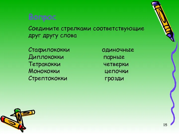 Соедините стрелками соответствующие друг другу слова Стафилококки одиночные Диплококки парные Тетракокки четверки