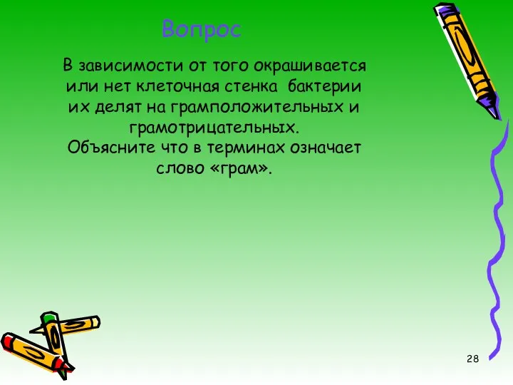 Вопрос В зависимости от того окрашивается или нет клеточная стенка бактерии их