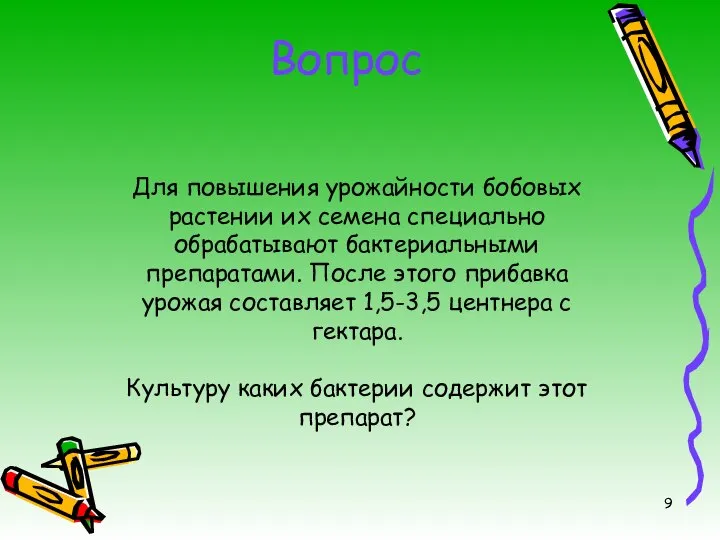 Вопрос Для повышения урожайности бобовых растении их семена специально обрабатывают бактериальными препаратами.