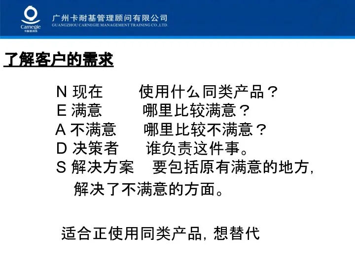 了解客户的需求 N 现在 使用什么同类产品？ E 满意 哪里比较满意？ A 不满意 哪里比较不满意？ D 决策者